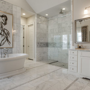 Inspiration for a transitional master gray tile bathroom remodel in Dallas with shaker cabinets, white cabinets and gray walls