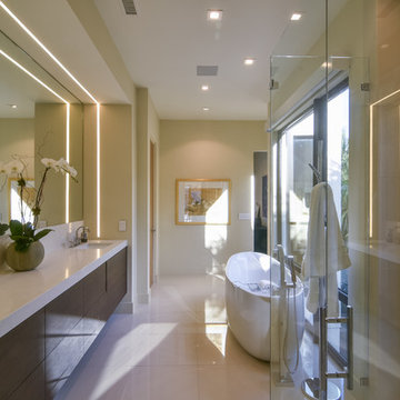 Linear Master Bathroom Large Tile White Light Floating Vanity