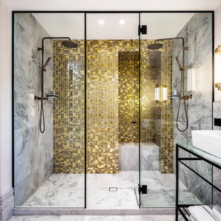 Photo of a transitional bathroom in Sydney with open cabinets, a double shower, gray tile, white walls, an undermount sink, white floor and grey benchtops.