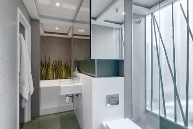 Design ideas for a small modern wet room bathroom in London with a wall mounted toilet, grey walls, a wall-mounted sink, grey floors and an open shower.