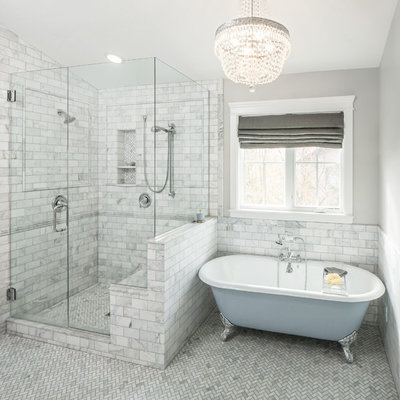 Inspiration for a timeless white tile and stone tile bathroom remodel in Salt Lake City with a niche