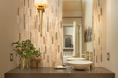 Example of a trendy beige tile and mosaic tile porcelain tile and beige floor bathroom design in San Francisco with a vessel sink, quartz countertops and gray countertops