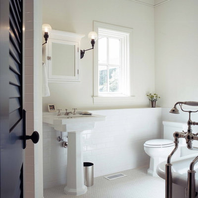 Inspiration for a timeless subway tile bathroom remodel in Atlanta with a pedestal sink