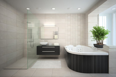Example of a large trendy master black tile and cement tile cement tile floor and beige floor bathroom design in Vancouver with flat-panel cabinets, black cabinets, a hot tub, beige walls, a vessel sink, quartz countertops and black countertops
