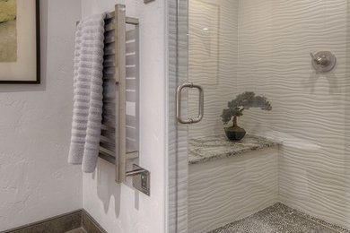 Mid-sized trendy 3/4 white tile and mosaic tile mosaic tile floor doorless shower photo in Denver with quartzite countertops and gray walls