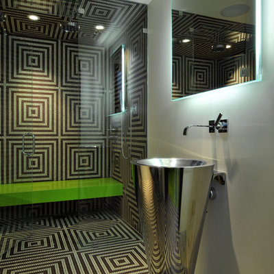 Example of a trendy multicolored tile walk-in shower design in San Diego with a pedestal sink