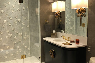 Example of a mid-sized transitional 3/4 gray tile and marble tile bathroom design in DC Metro with furniture-like cabinets, black cabinets and marble countertops