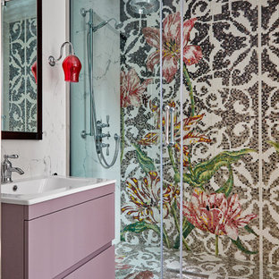 Inspiration for a contemporary bathroom in London with flat-panel cabinets, purple cabinets, multi-coloured tile, mosaic tile floors, a console sink, multi-coloured floor and a sliding shower screen.