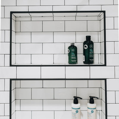 Inspiration for a mid-sized scandinavian master white tile and subway tile marble floor and white floor bathroom remodel in Minneapolis