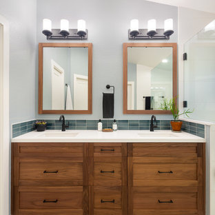 Inspiration for a large transitional ceramic tile and blue tile cement tile floor and multicolored floor bathroom remodel in Sacramento with shaker cabinets, medium tone wood cabinets, gray walls, an undermount sink, quartz countertops and white countertops