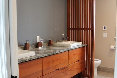 Example of a mid-sized trendy master porcelain tile and gray floor bathroom design in Other with red cabinets, a one-piece toilet, blue walls, a drop-in sink, granite countertops and gray countertops