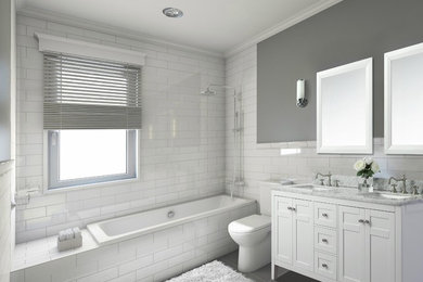 Ejemplo de cuarto de baño principal minimalista con armarios tipo mueble, puertas de armario blancas, encimera de mármol y encimeras blancas
