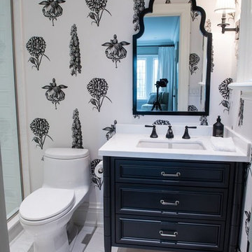 Main Bathroom Renovation, Black and White, Built in Vanity, Wallpaper