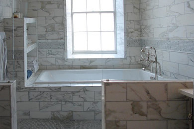 Inspiration for a large mediterranean master multicolored tile and mosaic tile mosaic tile floor bathroom remodel in DC Metro with marble countertops, multicolored walls and a pedestal sink