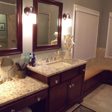 Make-up vanity with raised sink cabinet