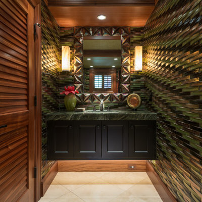 Example of an island style beige floor, single-sink and wood ceiling bathroom design in Hawaii with recessed-panel cabinets, black cabinets, an undermount sink, green countertops and a floating vanity