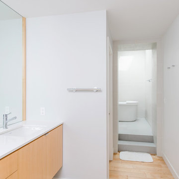maple + quartz custom master bath vanity + wet room entry