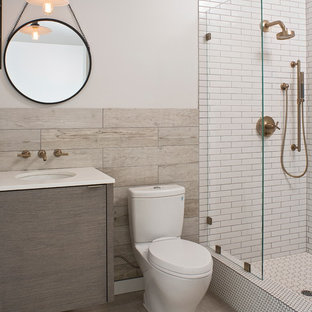 Trendy 3/4 white tile and subway tile alcove shower photo in Other with an undermount sink, flat-panel cabinets, a two-piece toilet and white walls