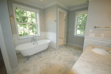 Bathroom - traditional master white tile ceramic tile bathroom idea in Other with gray walls