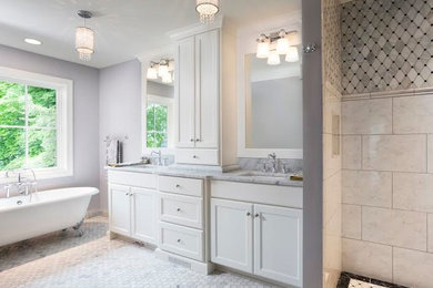 Example of a mid-sized minimalist master gray tile and mosaic tile mosaic tile floor bathroom design in Minneapolis with an undermount sink, shaker cabinets, white cabinets, marble countertops and gray walls