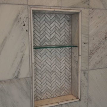 Marble Tile Inset Shower Shelf With Herringbone Design