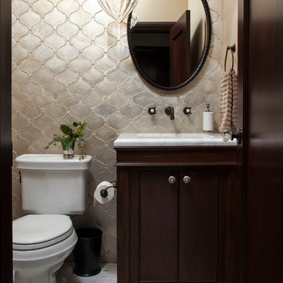 Example of a small tuscan 3/4 ceramic tile and gray tile marble floor bathroom design in San Francisco with an undermount sink, shaker cabinets, dark wood cabinets, marble countertops, beige walls and a two-piece toilet