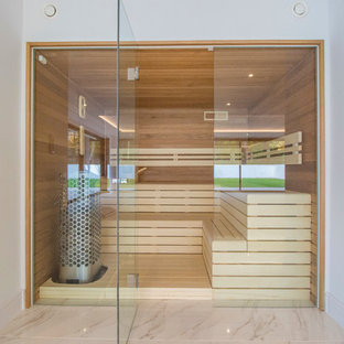Design ideas for a contemporary sauna bathroom in Dorset with brown walls and beige floors.