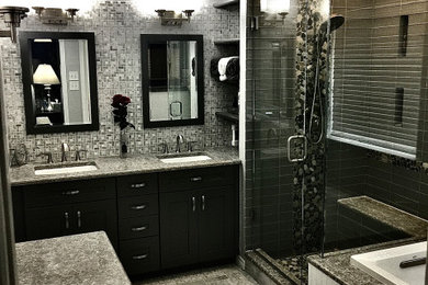 Master gray tile double-sink bathroom photo in Dallas with gray walls and a built-in vanity