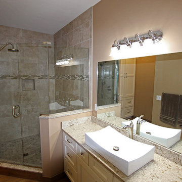 Master Bath Beige/Brown Porcelain Tiled Shower, White Vanity with Vessel Sink