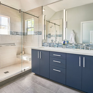 75 Beautiful Beige Tile Bathroom with Blue Cabinets Pictures & Ideas