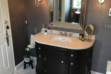 Bathroom - small traditional master black and white tile and stone tile marble floor bathroom idea in DC Metro with furniture-like cabinets, dark wood cabinets, gray walls, an undermount sink and marble countertops