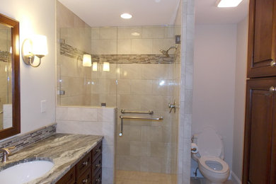 Example of a mid-sized classic master gray tile and ceramic tile ceramic tile bathroom design in Atlanta with raised-panel cabinets, medium tone wood cabinets, a two-piece toilet, gray walls, an undermount sink and granite countertops