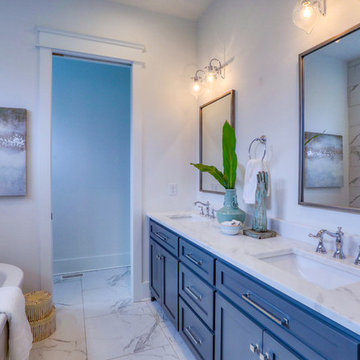 Master Bath in Blue, White, and Polished Chrome