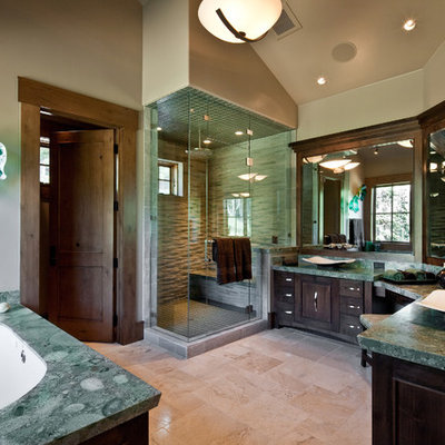 Trendy bathroom photo in Salt Lake City with a vessel sink and green countertops