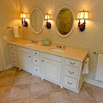 Master Bath Oasis, White Cabinets, Caesarstone Countertop