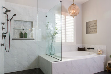 Large urban master white tile and porcelain tile porcelain tile bathroom photo in Santa Barbara with flat-panel cabinets, medium tone wood cabinets, a two-piece toilet, gray walls, a trough sink and concrete countertops
