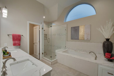 Inspiration for a large contemporary master gray tile and ceramic tile porcelain tile and gray floor corner shower remodel in Dallas with shaker cabinets, white cabinets, an undermount tub, a two-piece toilet, gray walls, an undermount sink, quartzite countertops and a hinged shower door