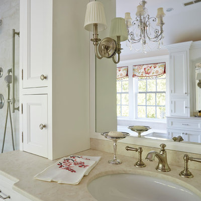 Bathroom - shabby-chic style bathroom idea in Baltimore with an undermount sink, recessed-panel cabinets, white cabinets and beige walls