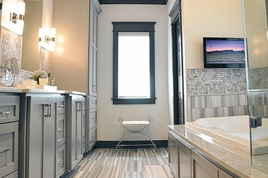 Bathroom - mid-sized traditional master gray tile and mosaic tile porcelain tile and gray floor bathroom idea in Nashville with gray cabinets, marble countertops, shaker cabinets, white walls, an undermount sink and a hinged shower door