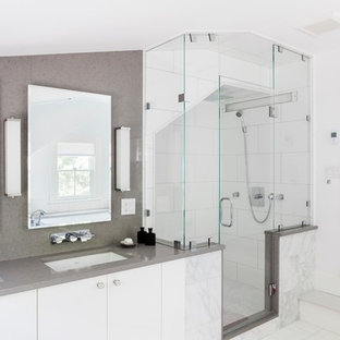 Alcove shower - large contemporary master ceramic tile alcove shower idea in Boston with flat-panel cabinets, white cabinets and white walls