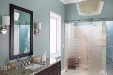 Bathroom - large transitional master beige tile and porcelain tile porcelain tile and beige floor bathroom idea with an undermount sink, flat-panel cabinets, dark wood cabinets, granite countertops, a two-piece toilet, blue walls and beige countertops