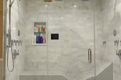 Inspiration for a mid-sized eclectic master marble tile marble floor and white floor alcove shower remodel in Chicago with a hinged shower door