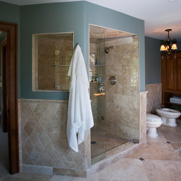Master Bath with Oversize Shower and Limestone Floor and Wainscot