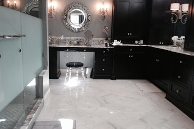 Bathroom - transitional gray tile and ceramic tile marble floor bathroom idea in Other with marble countertops and gray walls
