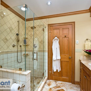 Traditional bathroom in Other with an undermount sink, medium wood cabinets, onyx benchtops, an alcove shower, white tile, ceramic tile and beige walls.