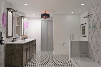 Inspiration for a small timeless master glass tile ceramic tile, double-sink and wallpaper corner shower remodel in Austin with shaker cabinets, medium tone wood cabinets, a two-piece toilet, gray walls, an undermount sink, quartzite countertops, a hinged shower door, white countertops and a freestanding vanity