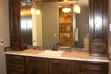 Bathroom - large rustic master bathroom idea in Other with shaker cabinets and medium tone wood cabinets