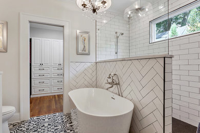 Example of a french country master bathroom design in Atlanta with furniture-like cabinets and black cabinets