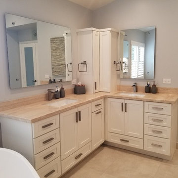 Master Bathroom Full Remodel Featuring Custom White Cabinetry, Marble Countertop