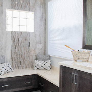Master Bathroom Full Remodel Featuring Porcelain Floors and Marble Countertops